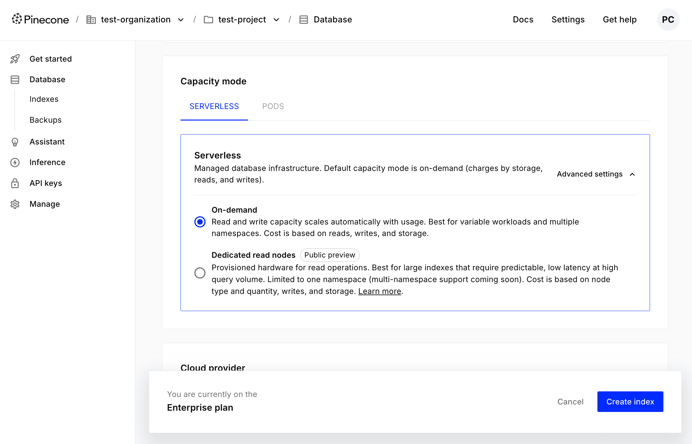The Capacity mode section of the Create a new index screen in the Pinecone console