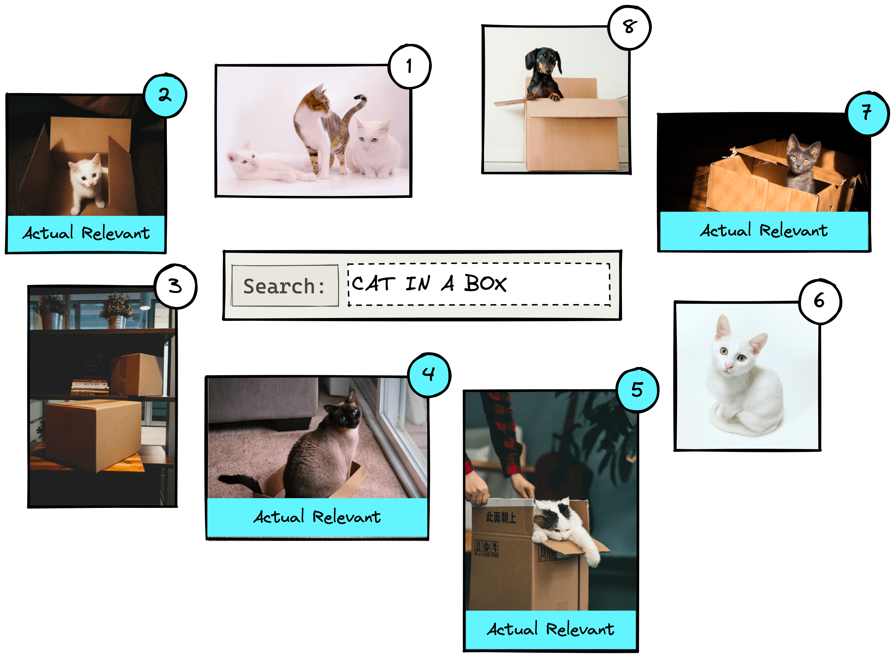 Example query and ranking with actual relevant results highlighted.