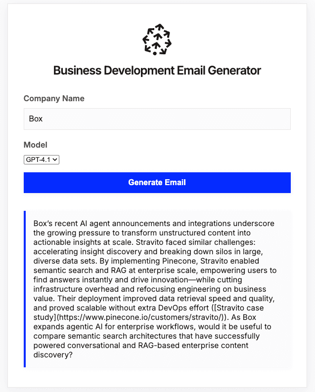 Business development email generator screenshot
