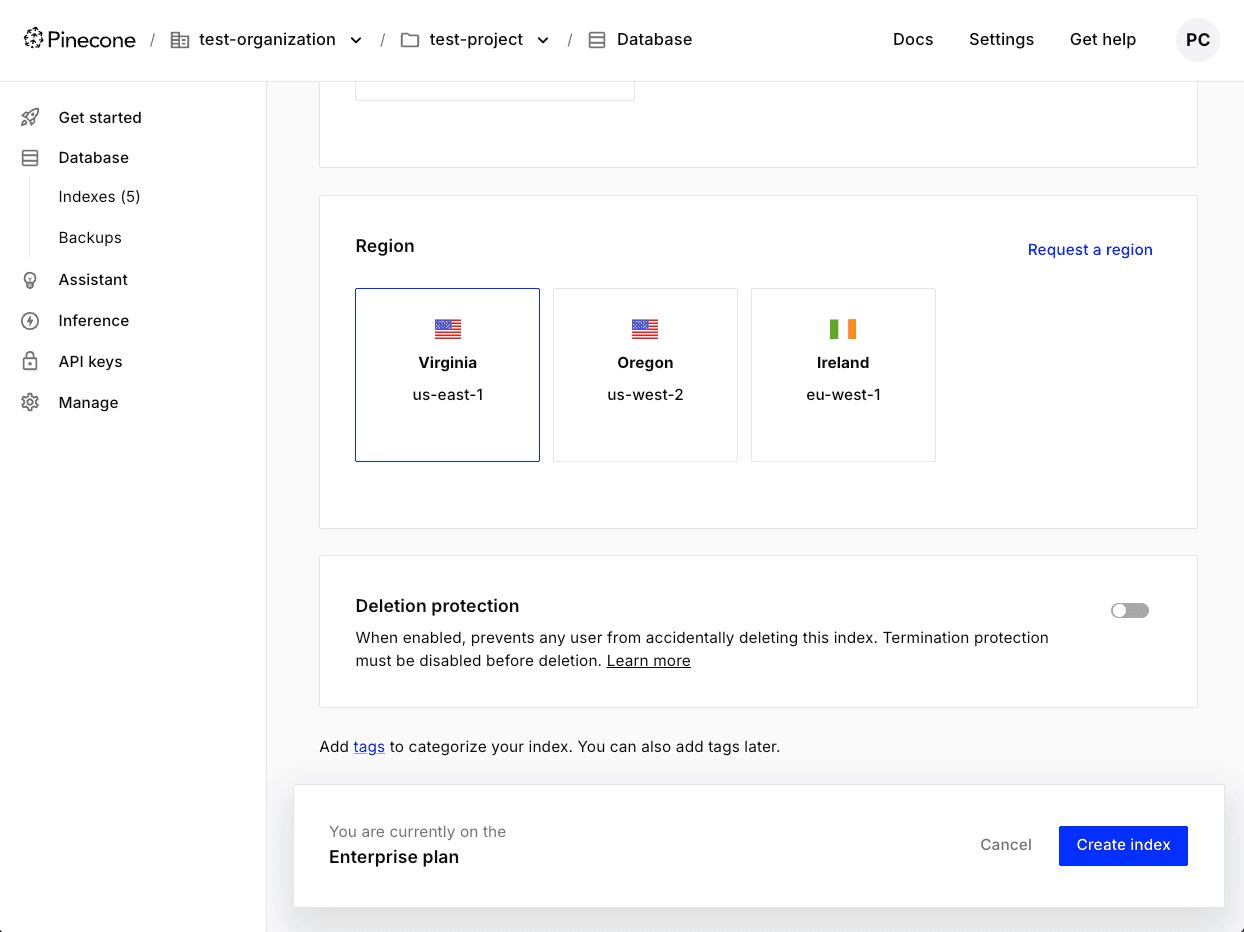 The Region selection section of the Create a new index screen in the Pinecone console