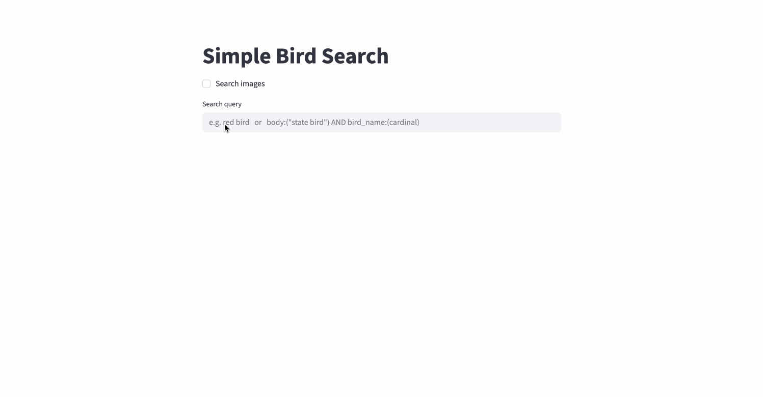 Initial text search for "small red bird" shows results matching body or title. Second search for "small red bird" images filtered to "cardinal" shows birds ranked by image vectors.